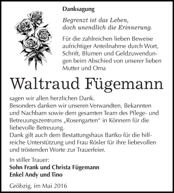 Traueranzeige von Waltraud Fügemann von WVG - Wochenspiegel Dessau / Köthen