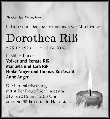 Traueranzeige von Dorothea Riß von Mitteldeutsche Zeitung Zeitz