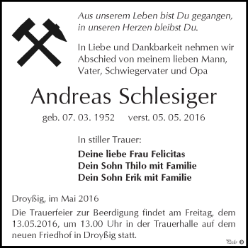 Traueranzeige von Andreas Schlesiger von Super Sonntag Zeitz