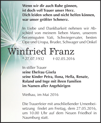 Traueranzeige von Winfried Franz von WVG - Wochenspiegel NMB / WSF / ZTZ
