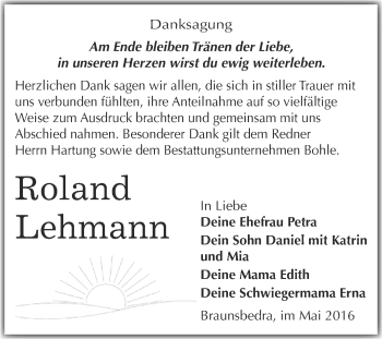 Traueranzeige von Roland Lehmann von Super Sonntag Merseburg