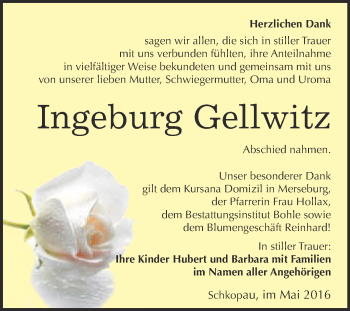 Traueranzeige von Ingeburg Gellwitz von Super Sonntag Merseburg