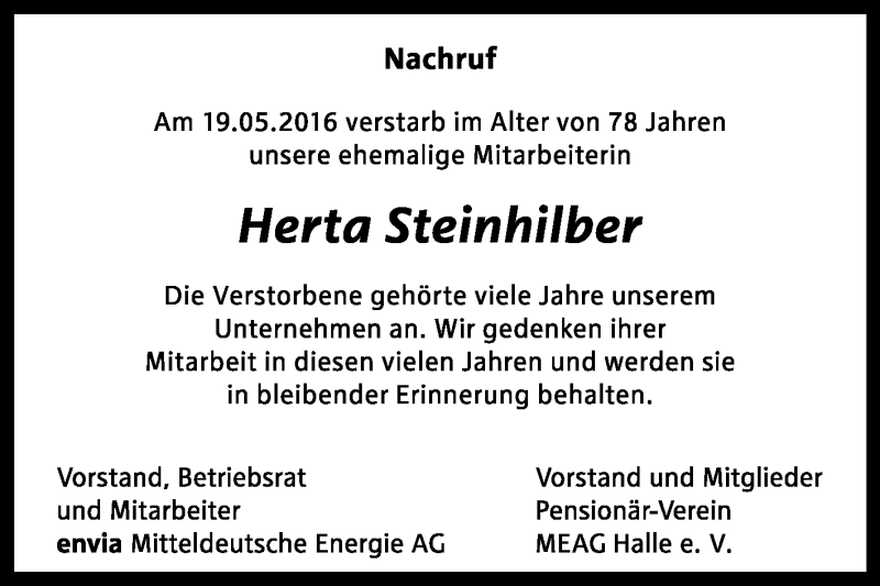  Traueranzeige für Herta  Steinhilber vom 28.05.2016 aus Super Sonntag Halle