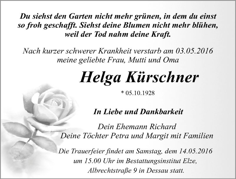  Traueranzeige für Helga Kürschner vom 11.05.2016 aus Mitteldeutsche Zeitung Dessau-Roßlau
