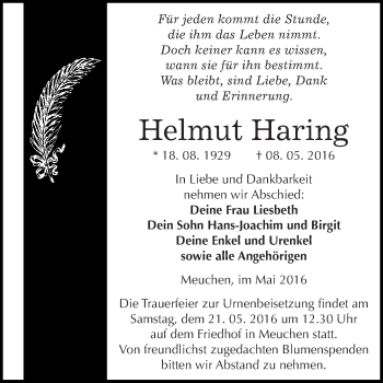 Traueranzeige von Helmut Haring von WVG - Wochenspiegel NMB / WSF / ZTZ
