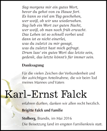 Traueranzeige von Karl-Ernst Falck von WVG - Wochenspiegel SGH