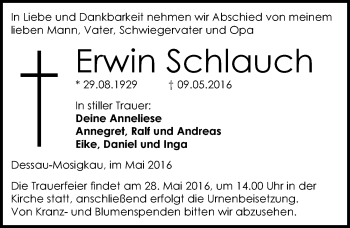 Traueranzeige von Erwin Schlauch von Mitteldeutsche Zeitung Dessau-Roßlau