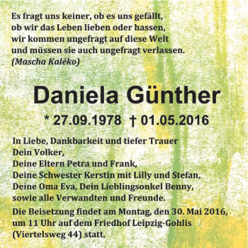 Traueranzeige von Daniela Günther von Mitteldeutsche Zeitung Halle/Saalkreis
