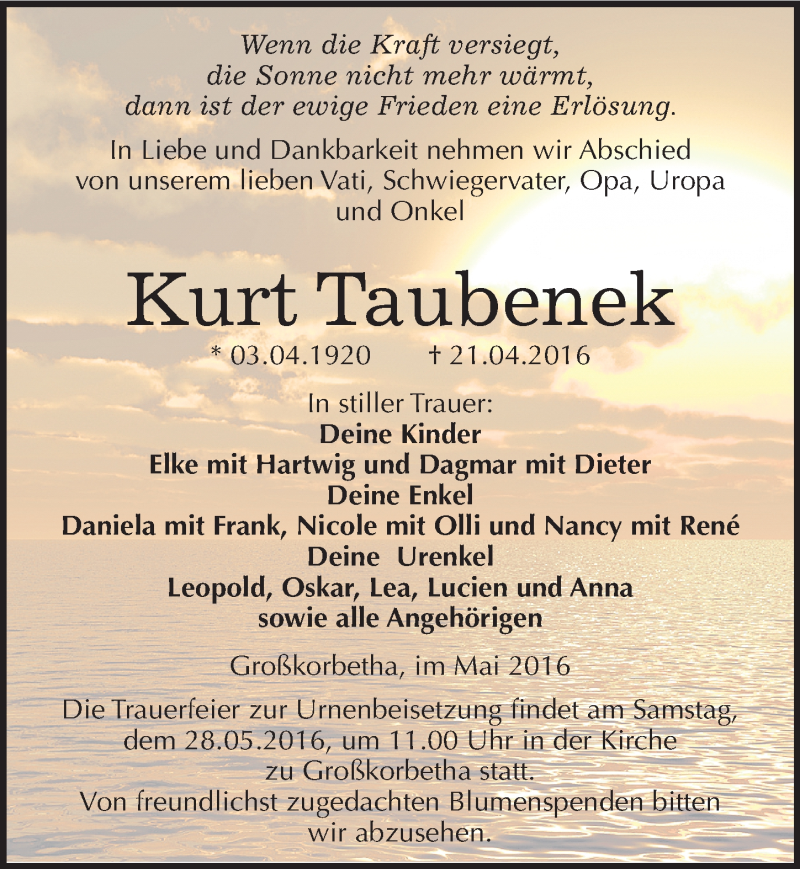  Traueranzeige für Kurt Taubenek vom 21.05.2016 aus Mitteldeutsche Zeitung Weißenfels