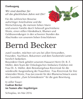 Traueranzeige von Bernd Becker von Mitteldeutsche Zeitung