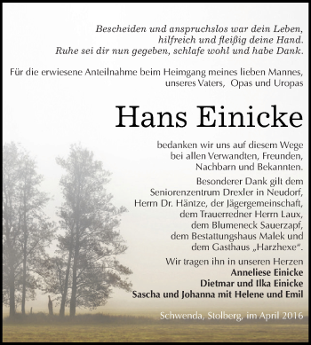 Traueranzeige von Hans-Eberhard Einicke von Super Sonntag SGH Mansf. Land