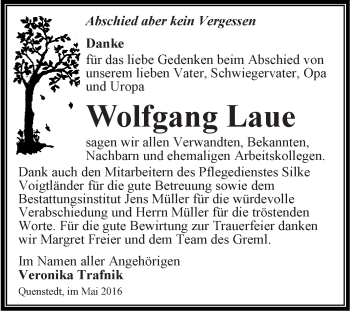 Traueranzeige von Wolfgang Laue von Super Sonntag Aschersleben