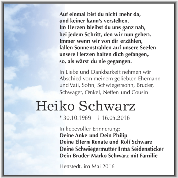 Traueranzeige von Heiko Schwarz von Wochenspiegel Mansfelder Land