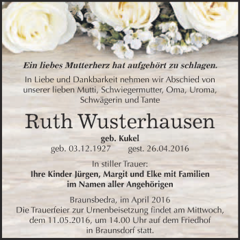 Traueranzeige von Ruth Wusterhausen von WVG - Wochenspiegel Merseburg