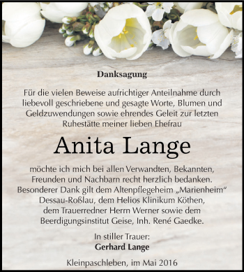Traueranzeige von Anita Lange von WVG - Wochenspiegel Dessau / Köthen