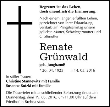 Traueranzeige von Renate Grünwald von Mitteldeutsche Zeitung Bitterfeld
