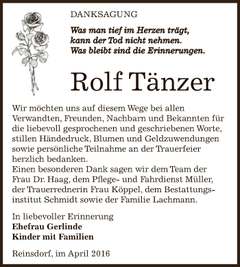 Traueranzeige von Rolf Tänzer von WVG - Wochenspiegel NMB / WSF / ZTZ