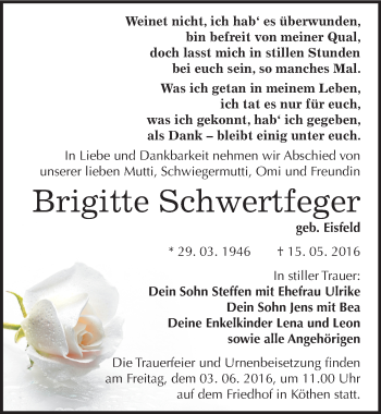 Traueranzeige von Brigitte Schwertfeger von Mitteldeutsche Zeitung Köthen