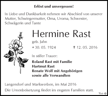 Traueranzeige von Hermine Rast von WVG - Wochenspiegel NMB / WSF / ZTZ
