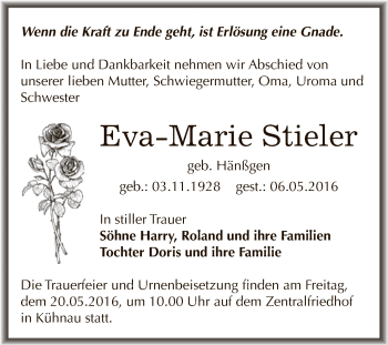 Traueranzeige von Eva-Marie Stieler von WVG - Wochenspiegel Dessau / Köthen