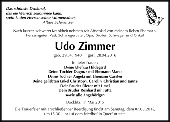 Traueranzeige von Udo Zimmer von Mitteldeutsche Zeitung Merseburg/Querfurt