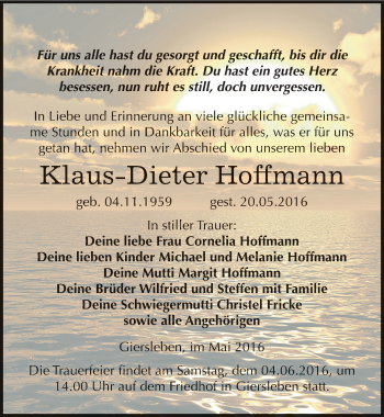 Traueranzeige von Klaus-Dieter Hoffmann von Mitteldeutsche Zeitung Aschersleben