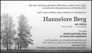 Traueranzeige von Hannelore Berg von Mitteldeutsche Zeitung Weißenfels
