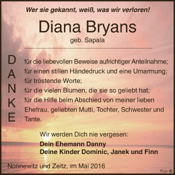 Traueranzeige von Diana Bryans von Super Sonntag Zeitz