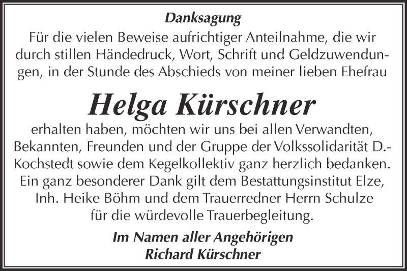  Traueranzeige für Helga Kürschner vom 21.05.2016 aus WVG - Wochenspiegel Dessau / Köthen