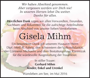 Traueranzeige von Gisela Mihm von Mitteldeutsche Zeitung Mansfelder Land