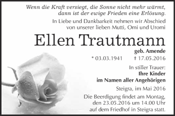 Traueranzeige von Ellen Trautmann von WVG - Wochenspiegel Merseburg