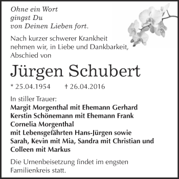 Traueranzeige von Jürgen Schubert von WVG - Wochenspiegel Bitterfeld