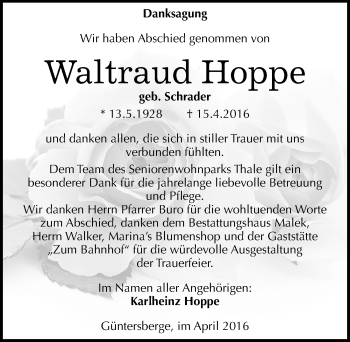 Traueranzeige von Waltraud Hoppe von Mitteldeutsche Zeitung Quedlinburg