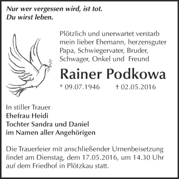 Traueranzeige von Rainer Podkowa von Super Sonntag Bernburg