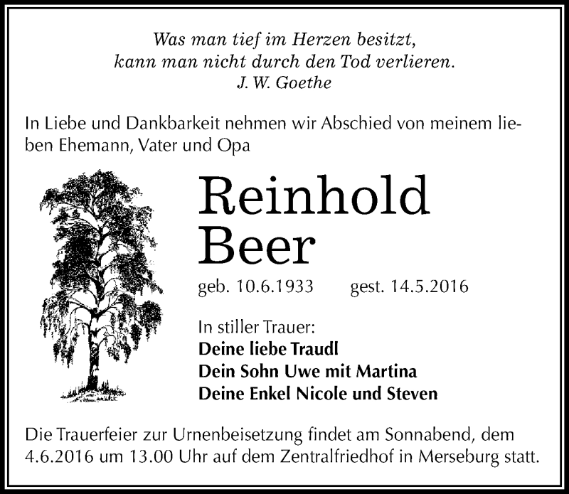  Traueranzeige für Reinhold Beer vom 25.05.2016 aus Mitteldeutsche Zeitung Merseburg/Querfurt