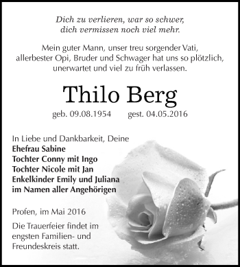 Traueranzeige von Thilo Berg von Super Sonntag Zeitz