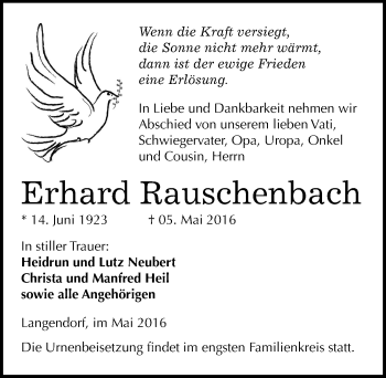 Traueranzeige von Erhard Rauschenbach von Mitteldeutsche Zeitung Zeitz