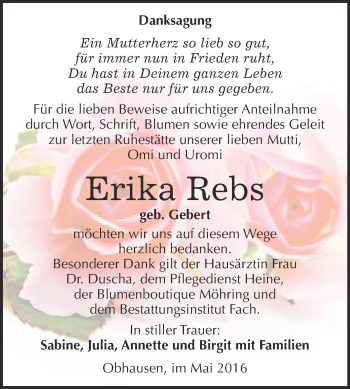Traueranzeige von Erika Rebs von WVG - Wochenspiegel Merseburg