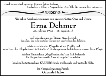 Traueranzeige von Erna Dehmer von Mitteldeutsche Zeitung Quedlinburg