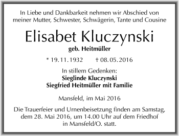 Traueranzeige von Elisabet Kluczynski von Mitteldeutsche Zeitung Mansfelder Land