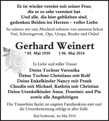 Traueranzeige von Gerhard Weinert von WVG - Wochenspiegel Quedlinburg