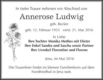Traueranzeige von Annerose Ludwig von WVG - Wochenspiegel NMB / WSF / ZTZ