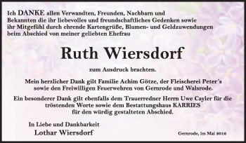 Traueranzeige von Ruth Wiersdorf von WVG - Wochenspiegel Quedlinburg
