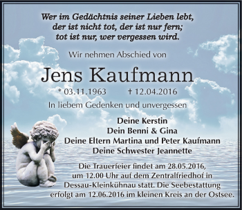 Traueranzeige von Jens Kaufmann von Mitteldeutsche Zeitung Dessau-Roßlau