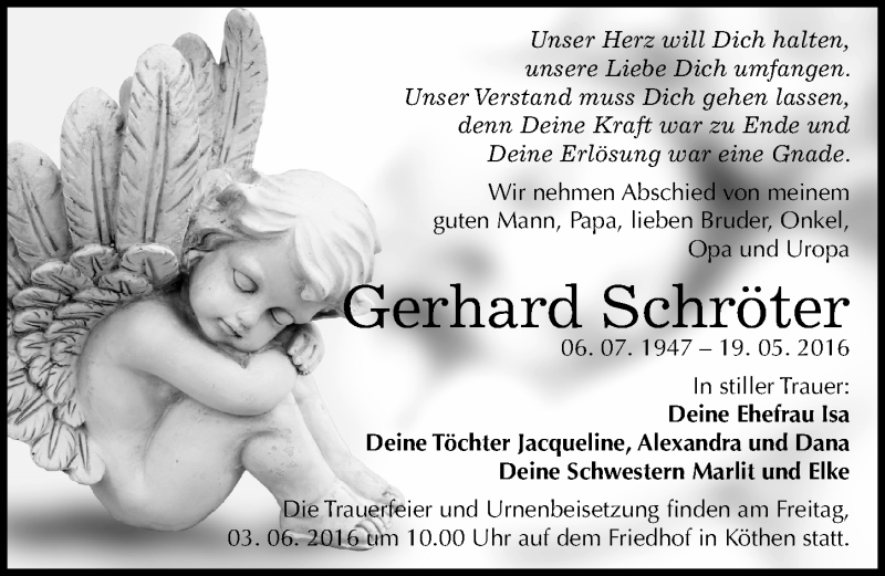  Traueranzeige für Gerhard Schröter vom 28.05.2016 aus Mitteldeutsche Zeitung Köthen
