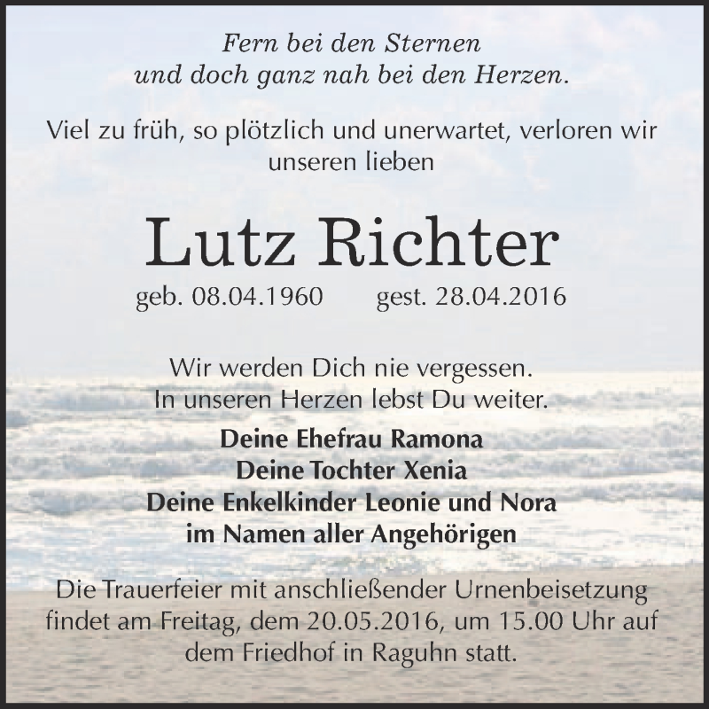  Traueranzeige für Lutz Richter vom 11.05.2016 aus WVG - Wochenspiegel Bitterfeld