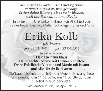 Traueranzeige von Erika Kolb von WVG - Wochenspiegel Bitterfeld