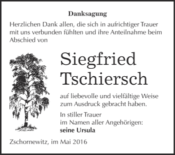 Traueranzeige von Siegfried Tschiersch von WVG - Wochenspiegel Wittenberg