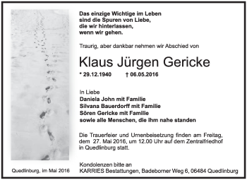 Traueranzeige von Klaus Jürgen Gericke von WVG - Wochenspiegel Quedlinburg