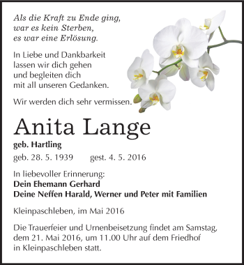 Traueranzeige von Anita Lange von Mitteldeutsche Zeitung Köthen
